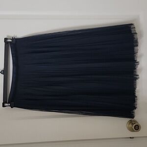 Banana Republic Size 0P Navy Blue Accordian Pleat Midi Skirt, Sheer Overlay, EUC